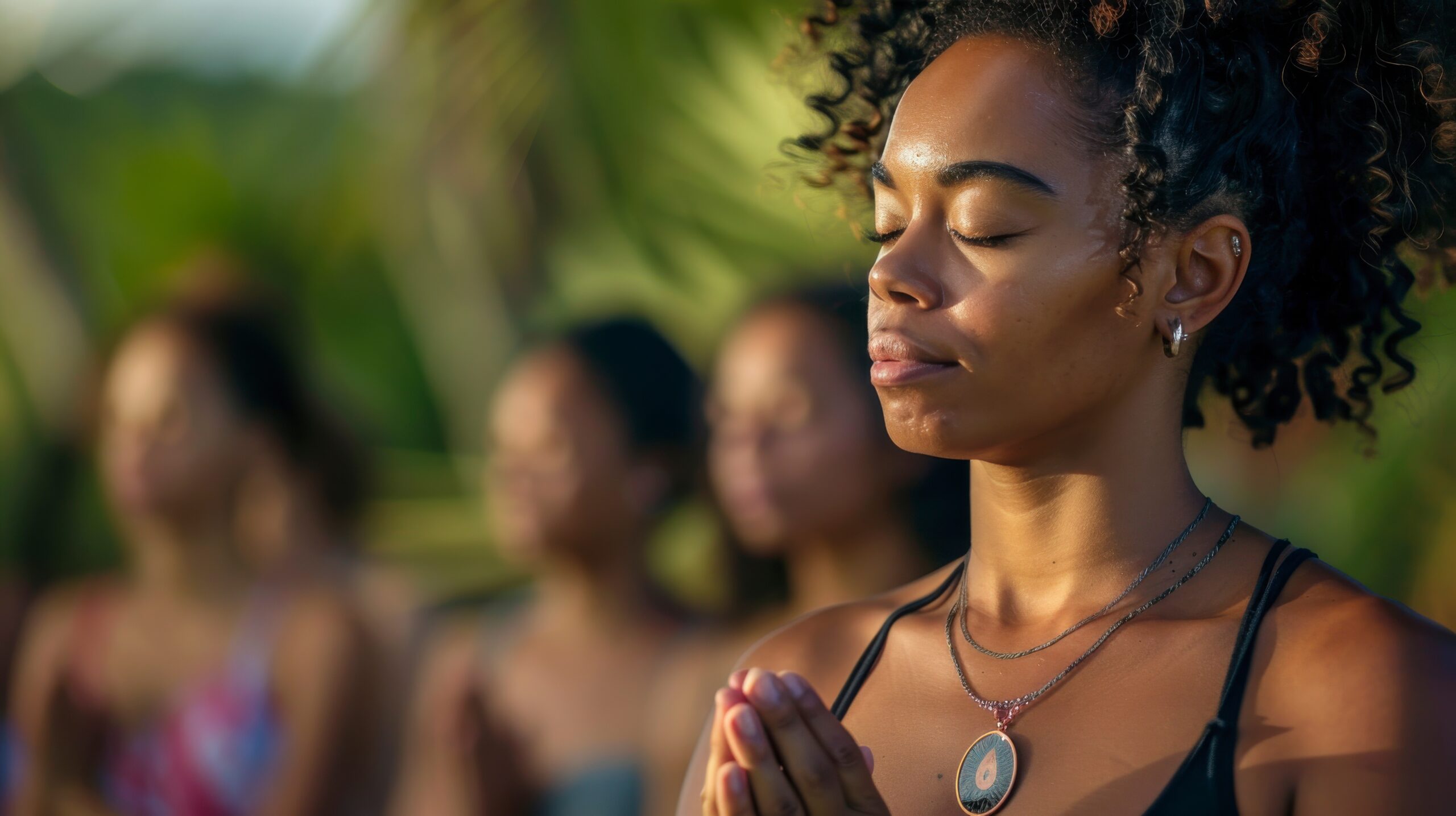 A group of women engage in mindfulness meditation surrounded by lush greenery and warm sunlight